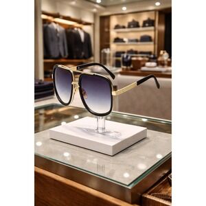 Sunglasses Men Punk Premium Cool Square Double Bridge Black &‎ Gold Shades